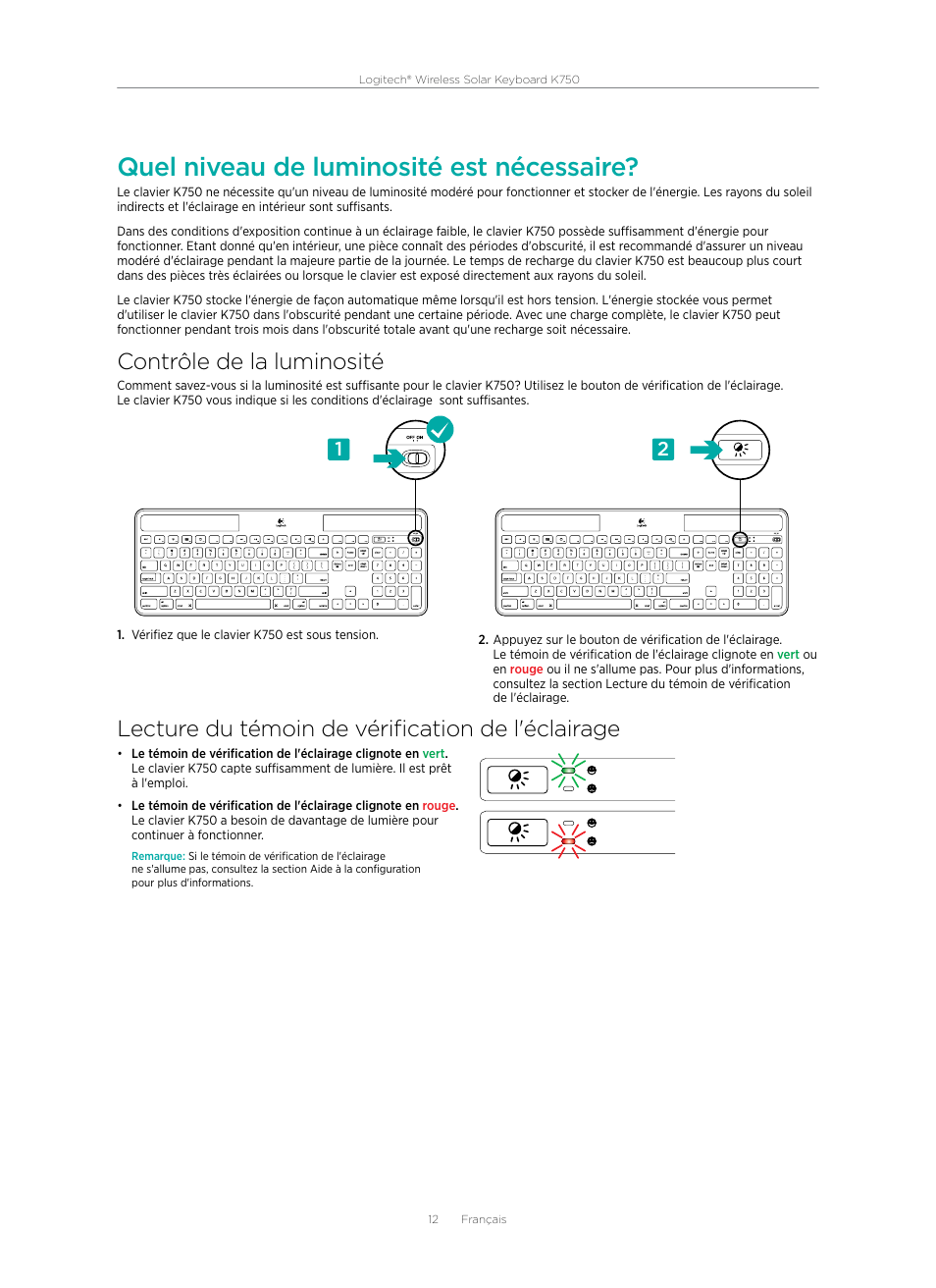 Quel niveau de luminosité est nécessaire, Contrôle de la luminosité, Lecture du témoin de vérification de l'éclairage | Logitech Wireless Solar Keyboard K750 920-002912 User Manual | Page 12 / 20