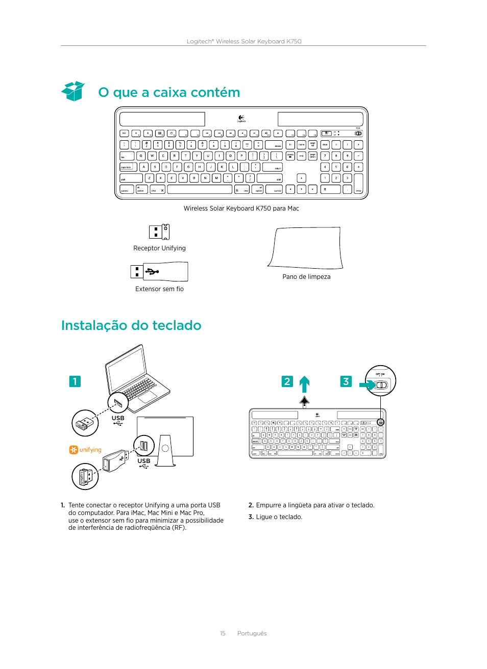 O que a caixa contém instalação do teclado | Logitech Wireless Solar Keyboard K750 920-002912 User Manual | Page 15 / 20