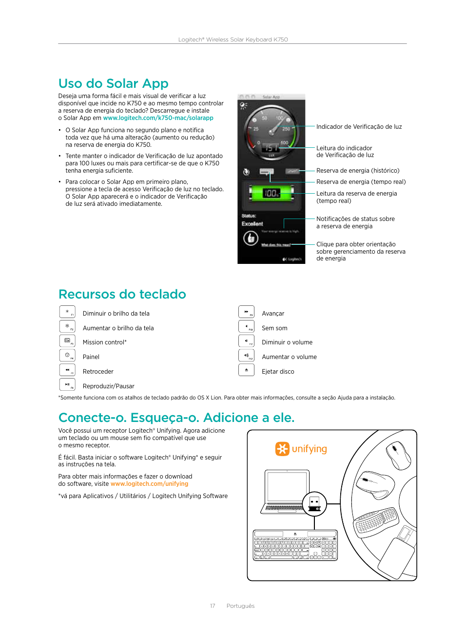 Uso do solar app, Recursos do teclado, Conecte-o. esqueça-o. adicione a ele | Logitech Wireless Solar Keyboard K750 920-002912 User Manual | Page 17 / 20