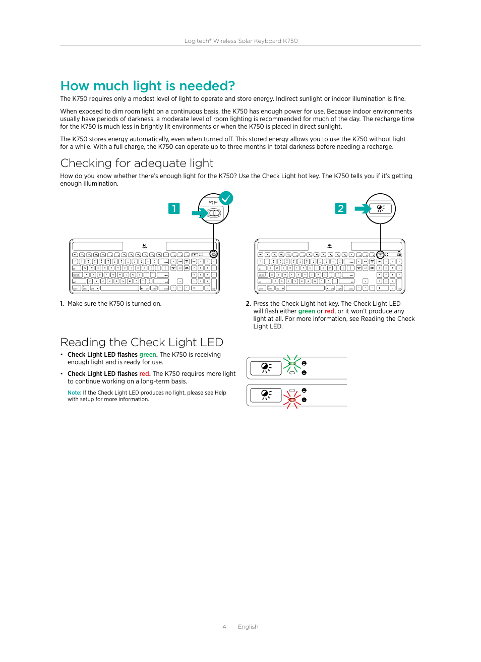 How much light is needed, Checking for adequate light, Reading the check light led | Logitech Wireless Solar Keyboard K750 920-002912 User Manual | Page 4 / 20