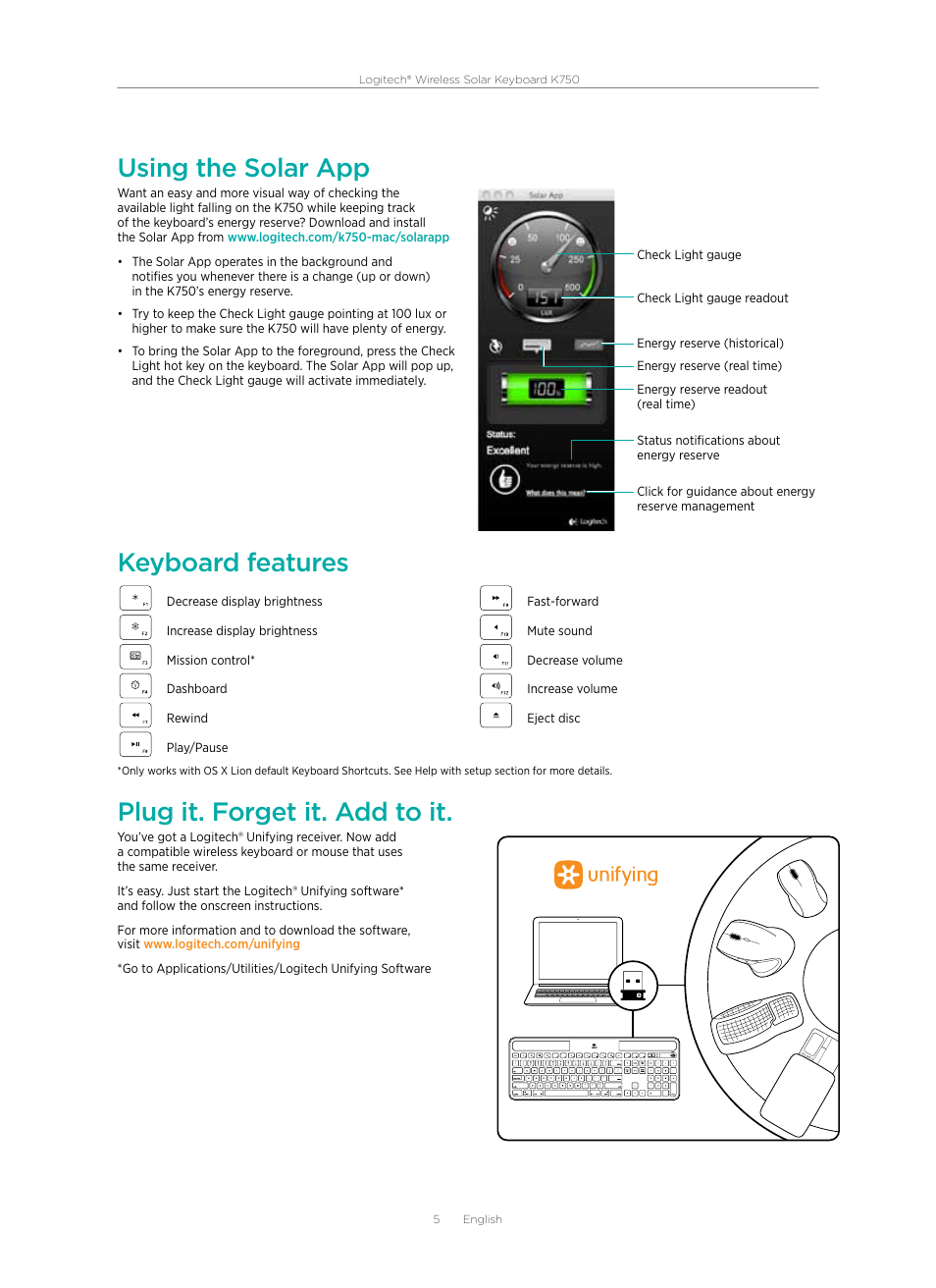 Using the solar app, Keyboard features, Plug it. forget it. add to it | Logitech Wireless Solar Keyboard K750 920-002912 User Manual | Page 5 / 20