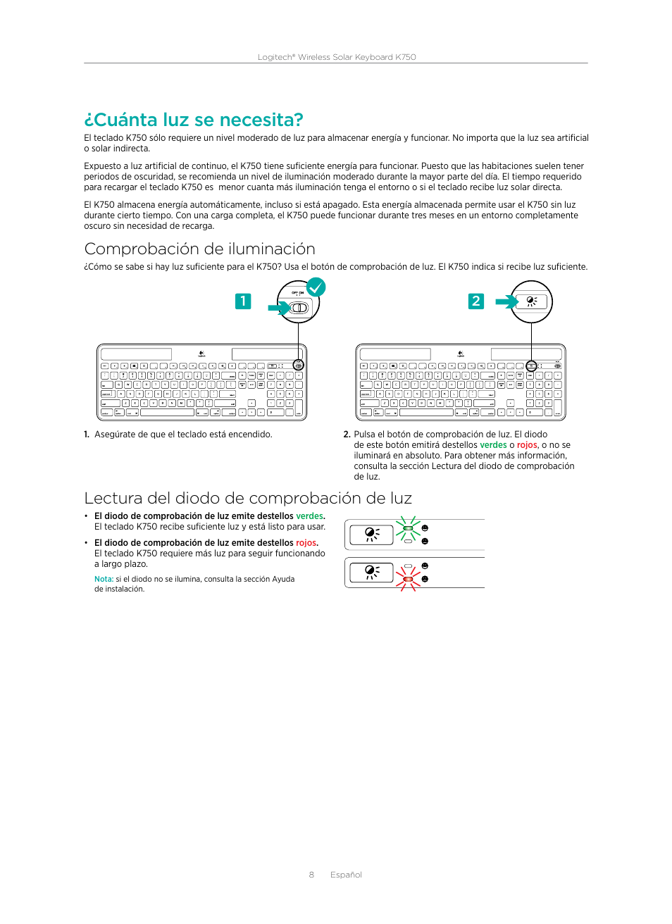 Cuánta luz se necesita, Comprobación de iluminación, Lectura del diodo de comprobación de luz | Logitech Wireless Solar Keyboard K750 920-002912 User Manual | Page 8 / 20