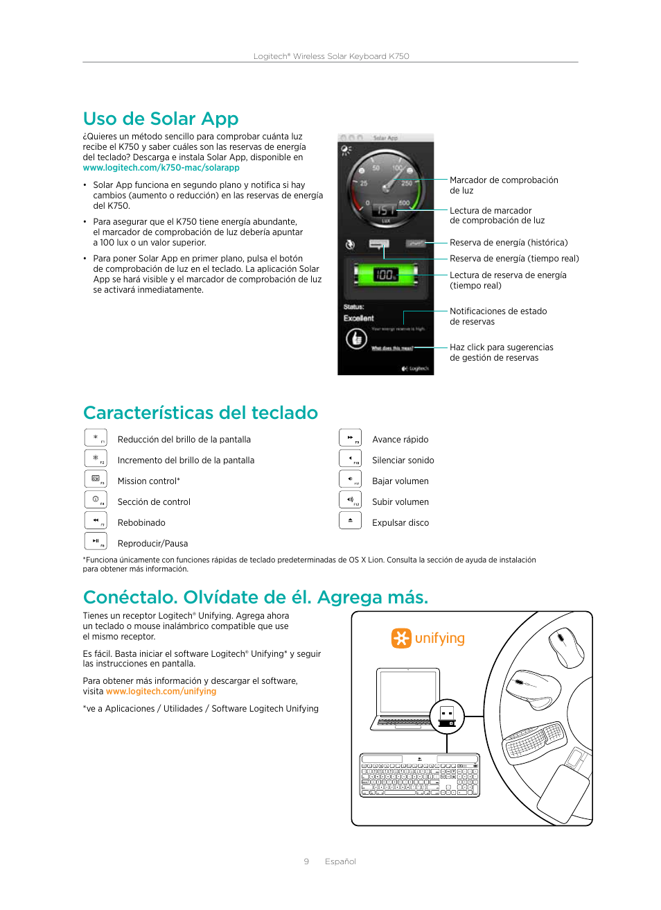 Uso de solar app, Características del teclado, Conéctalo. olvídate de él. agrega más | Logitech Wireless Solar Keyboard K750 920-002912 User Manual | Page 9 / 20