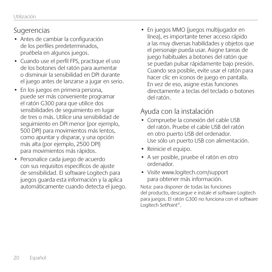 Sugerencias, Ayuda con la instalación | Logitech Gaming G300 User Manual | Page 20 / 64