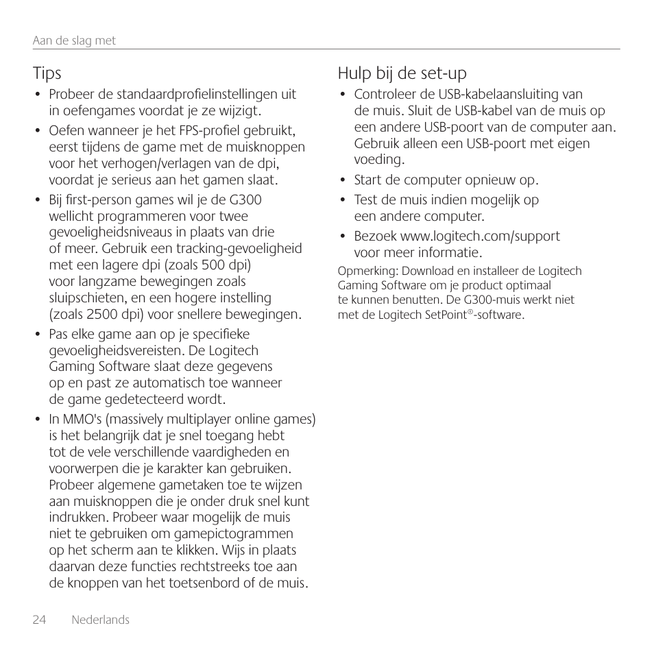 Tips, Hulp bij de set-up | Logitech Gaming G300 User Manual | Page 24 / 64