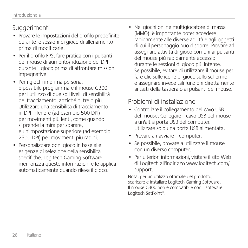Suggerimenti, Problemi di installazione | Logitech Gaming G300 User Manual | Page 28 / 64