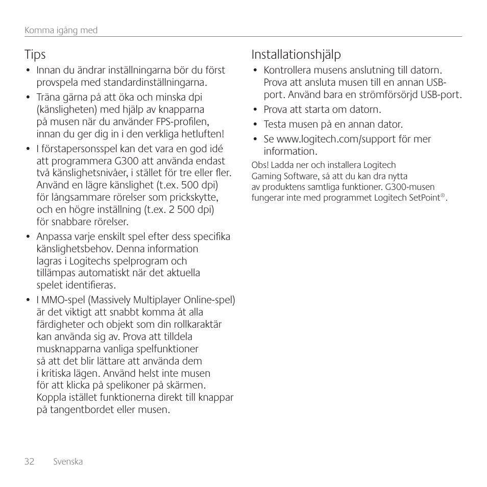 Tips, Installationshjälp | Logitech Gaming G300 User Manual | Page 32 / 64