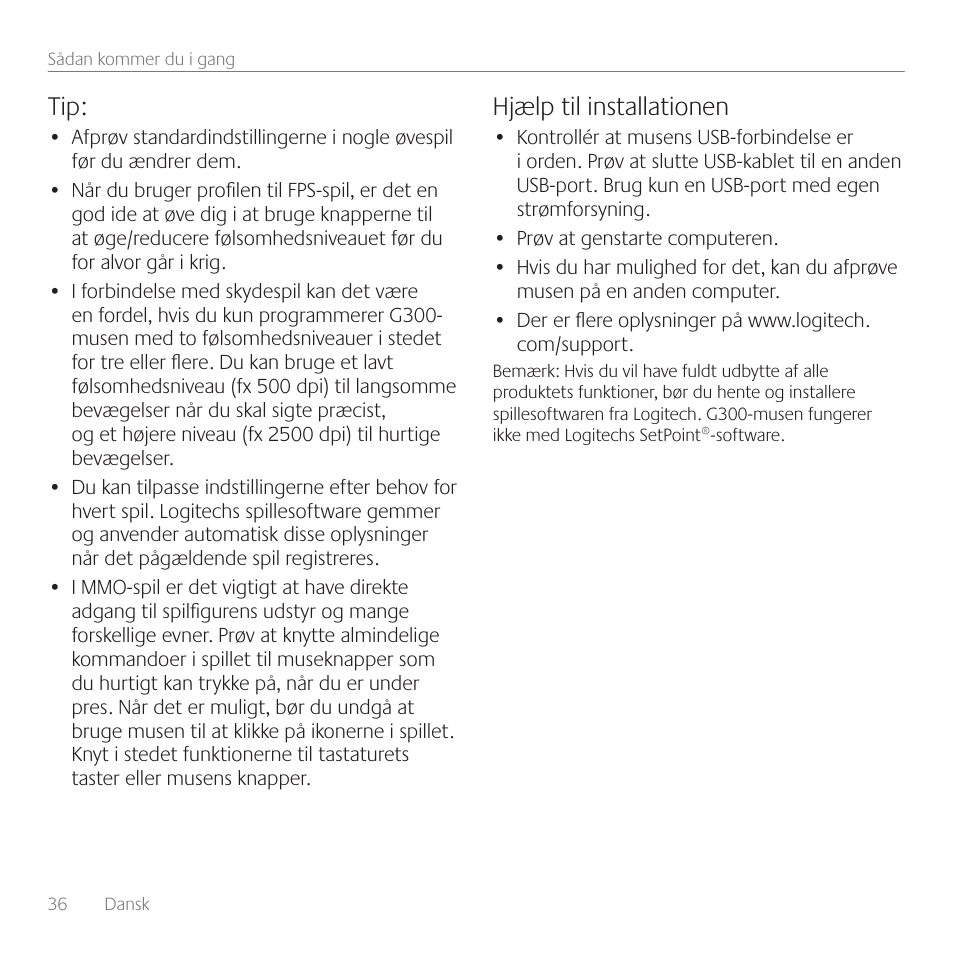 Hjælp til installationen | Logitech Gaming G300 User Manual | Page 36 / 64