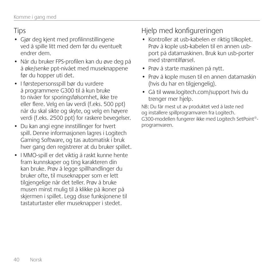 Tips, Hjelp med konfigureringen | Logitech Gaming G300 User Manual | Page 40 / 64