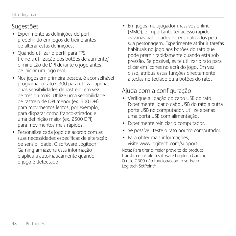 Sugestões, Ajuda com a configuração | Logitech Gaming G300 User Manual | Page 48 / 64
