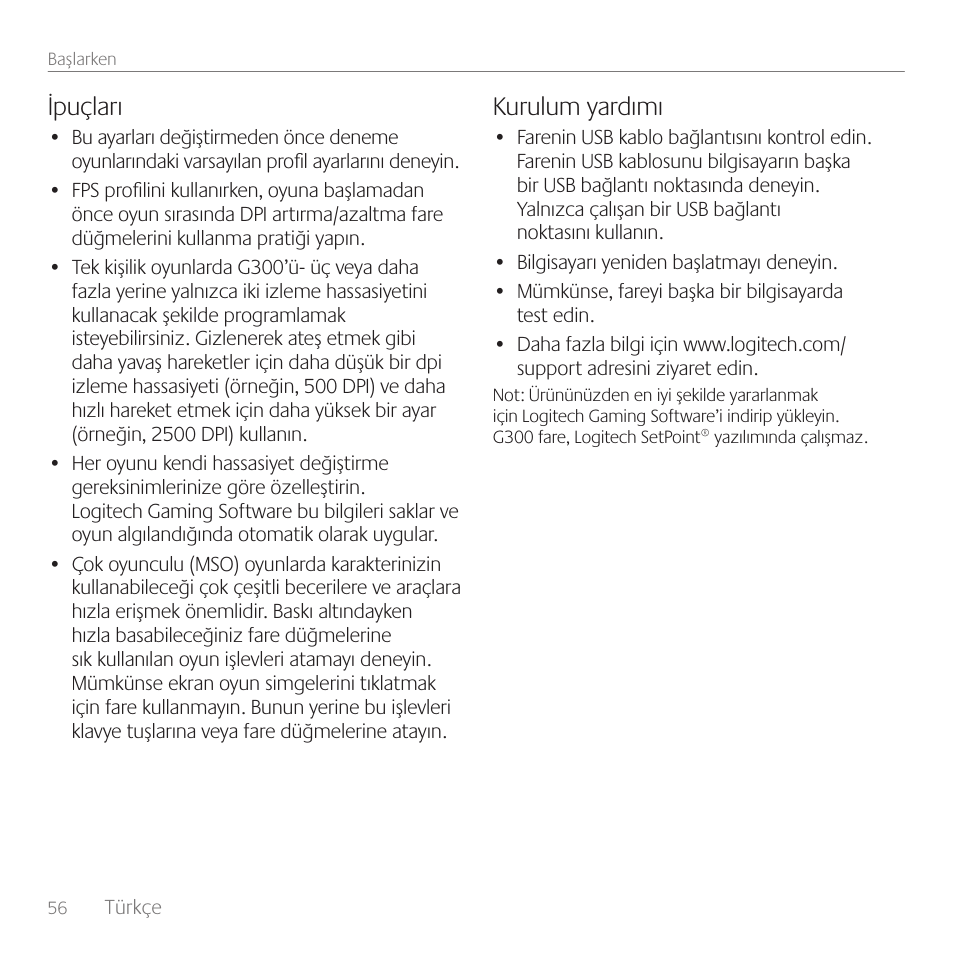Ipuçları, Kurulum yardımı | Logitech Gaming G300 User Manual | Page 56 / 64
