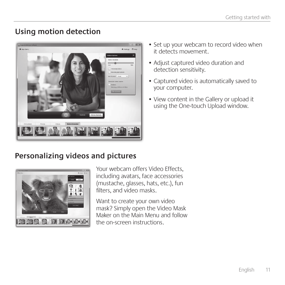 Using motion detection, Personalizing videos and pictures | Logitech C510 User Manual | Page 11 / 48