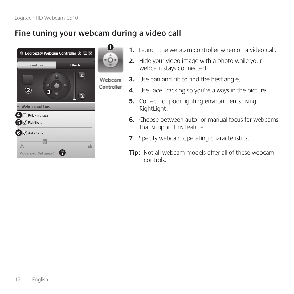 Fine tuning your webcam during a video call | Logitech C510 User Manual | Page 12 / 48