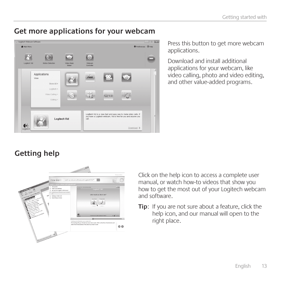Get more applications for your webcam, Getting help | Logitech C510 User Manual | Page 13 / 48