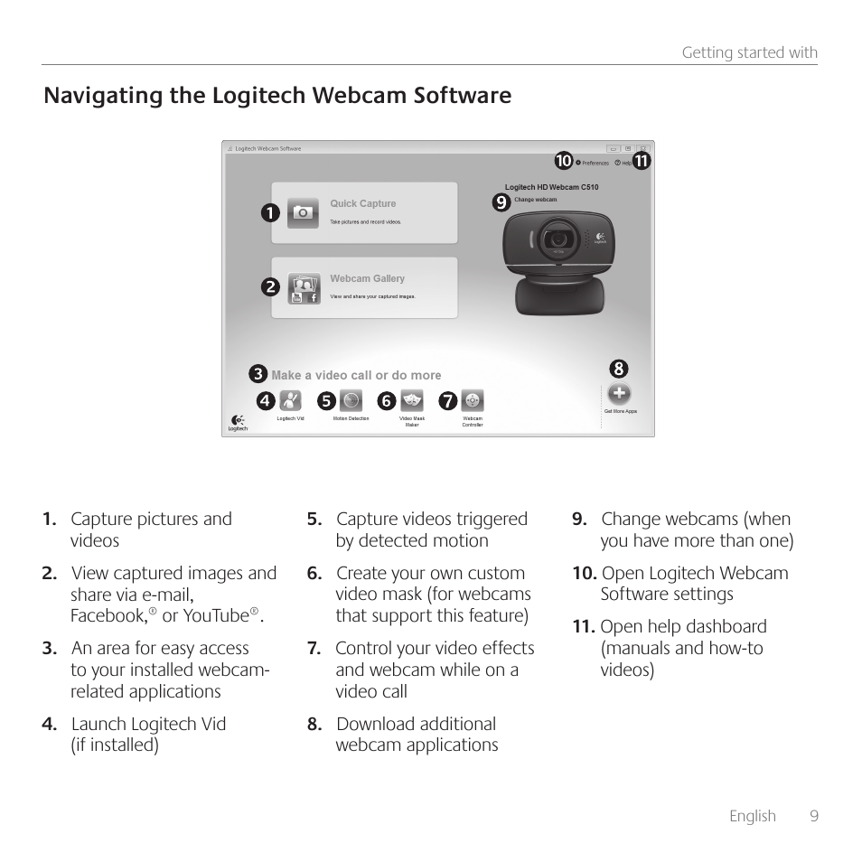 Navigating the logitech webcam software | Logitech C510 User Manual | Page 9 / 48