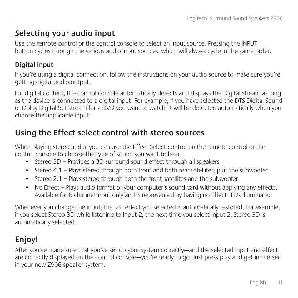 Selecting your audio input, Enjoy | Logitech Surround Sound Speakers Z906 User Manual | Page 11 / 52