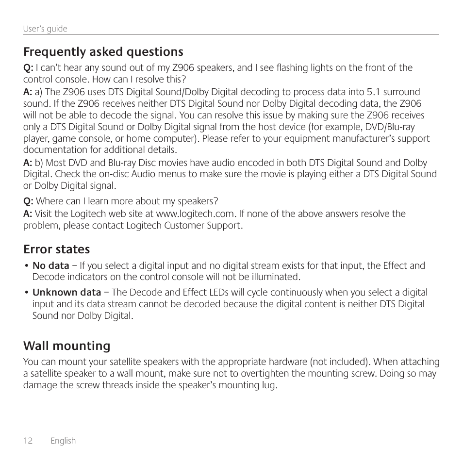 Frequently asked questions, Error states, Wall mounting | Logitech Surround Sound Speakers Z906 User Manual | Page 12 / 52