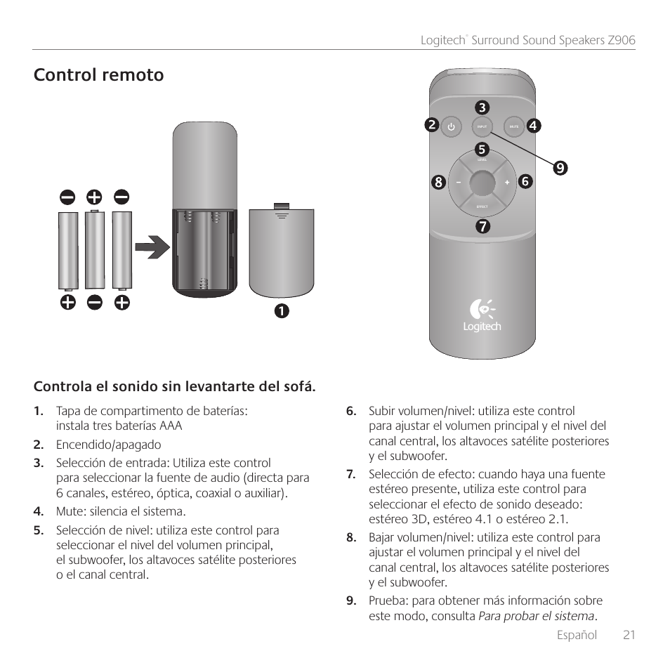 Control remoto, Controla el sonido sin levantarte del sofá | Logitech Surround Sound Speakers Z906 User Manual | Page 21 / 52