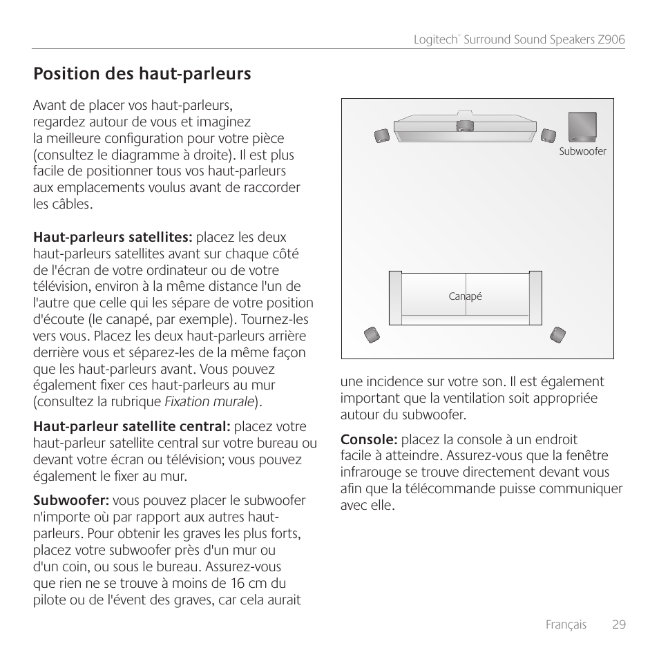 Position des haut-parleurs | Logitech Surround Sound Speakers Z906 User Manual | Page 29 / 52