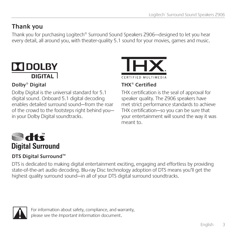 Logitech Surround Sound Speakers Z906 User Manual | Page 3 / 52