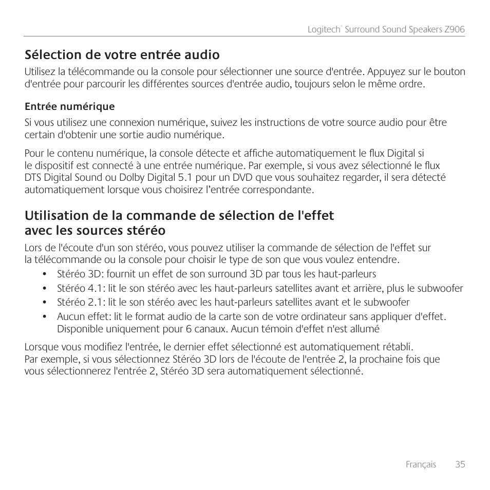 Sélection de votre entrée audio | Logitech Surround Sound Speakers Z906 User Manual | Page 35 / 52