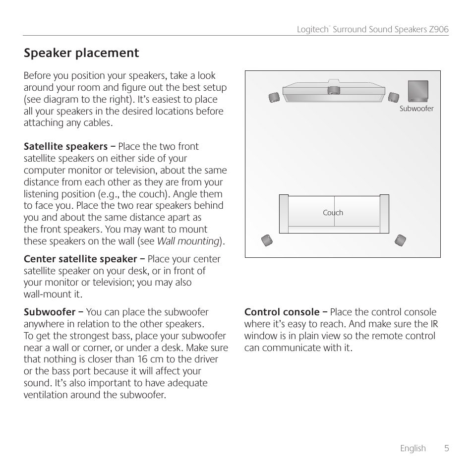 Speaker placement | Logitech Surround Sound Speakers Z906 User Manual | Page 5 / 52
