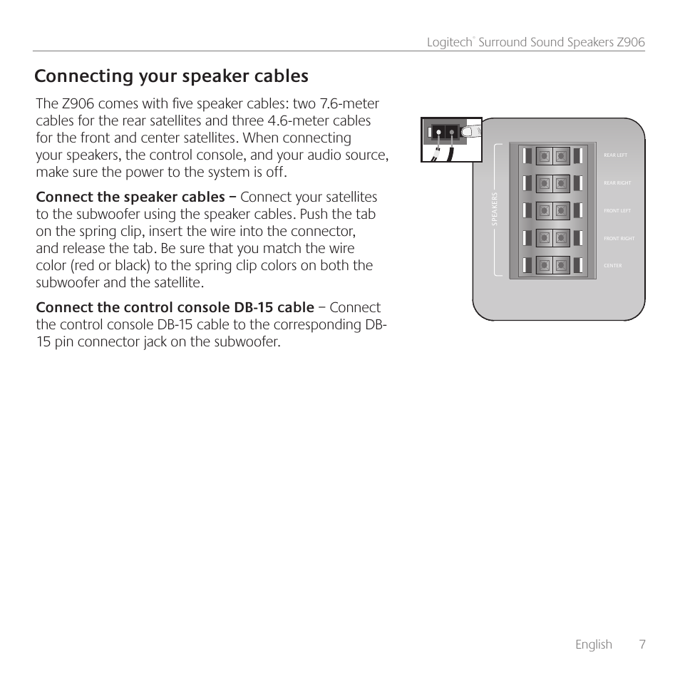 Connecting your speaker cables, English 7 logitech, Surround sound speakers z906 | Logitech Surround Sound Speakers Z906 User Manual | Page 7 / 52