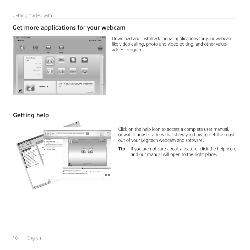 Get more applications for your webcam, Getting help | Logitech C160 User Manual | Page 10 / 116