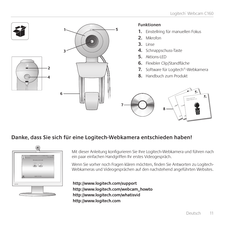 Deutsch 11 logitech, Webcam c160, Mikrofon | Linse, Schnappschuss-taste, Aktions-led, Flexibler clip/standfl äche, Software für logitech®-webkamera, Handbuch zum produkt | Logitech C160 User Manual | Page 11 / 116
