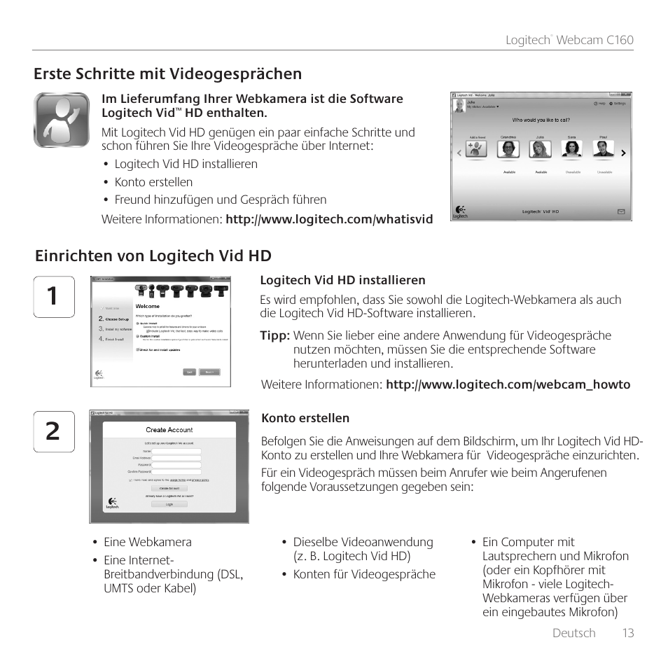 Erste schritte mit videogesprächen, Einrichten von logitech vid hd | Logitech C160 User Manual | Page 13 / 116