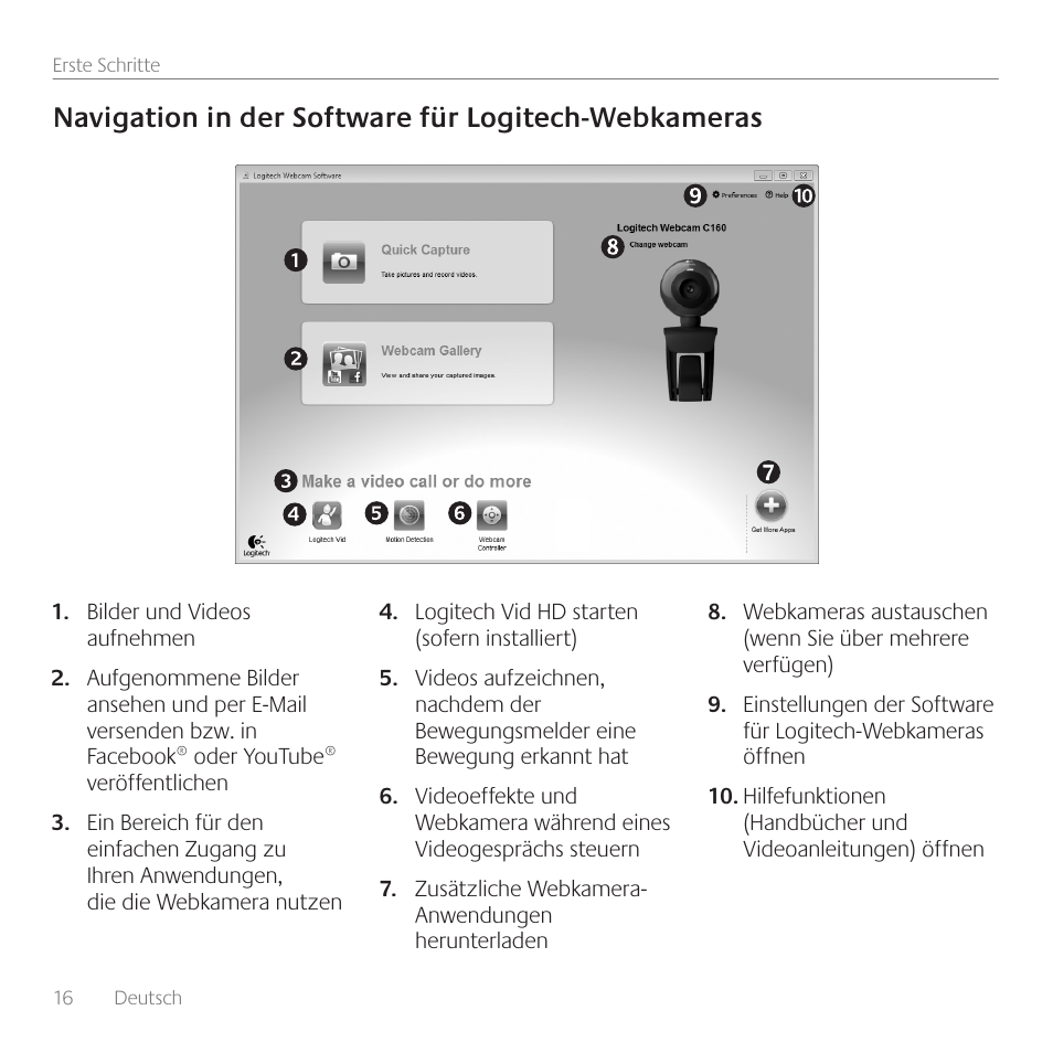 Navigation in der software für logitech-webkameras | Logitech C160 User Manual | Page 16 / 116