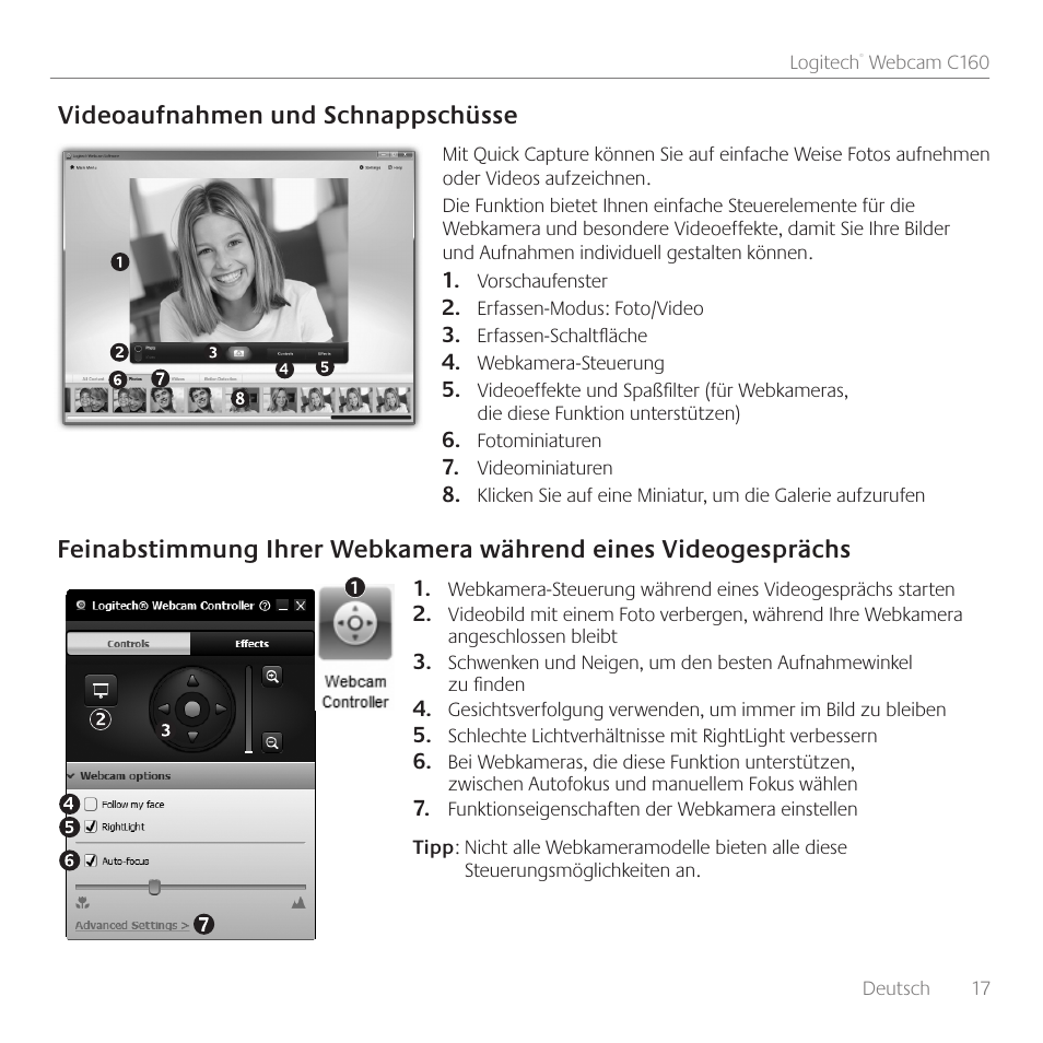 Videoaufnahmen und schnappschüsse | Logitech C160 User Manual | Page 17 / 116