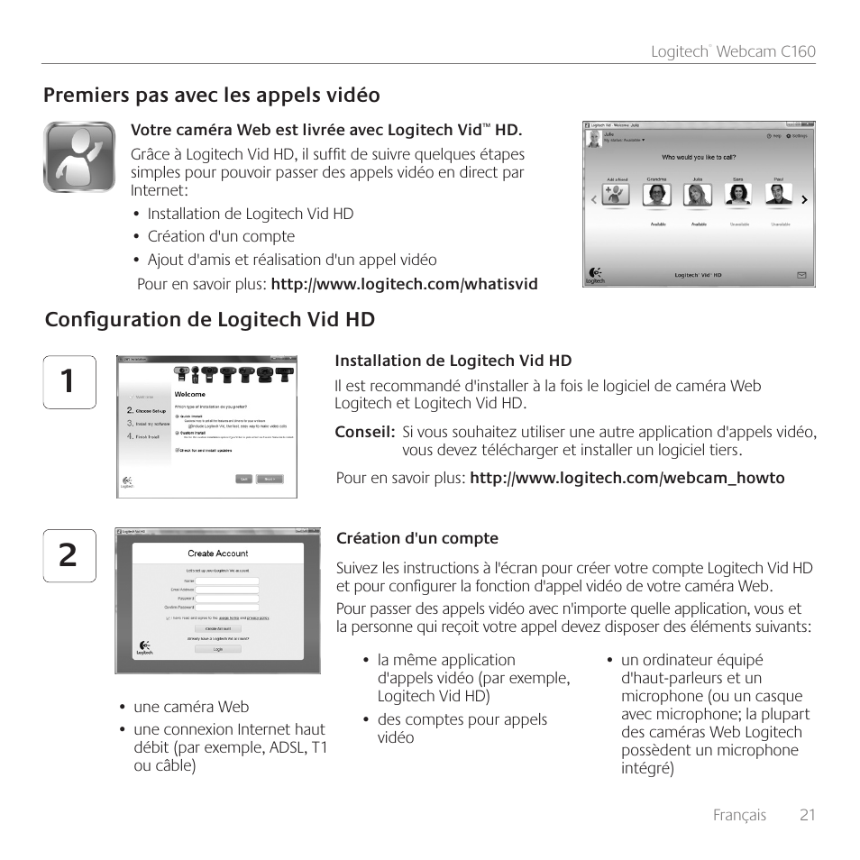 Premiers pas avec les appels vidéo, Configuration de logitech vid hd | Logitech C160 User Manual | Page 21 / 116