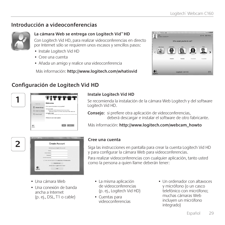 Introducción a videoconferencias, Configuración de logitech vid hd | Logitech C160 User Manual | Page 29 / 116