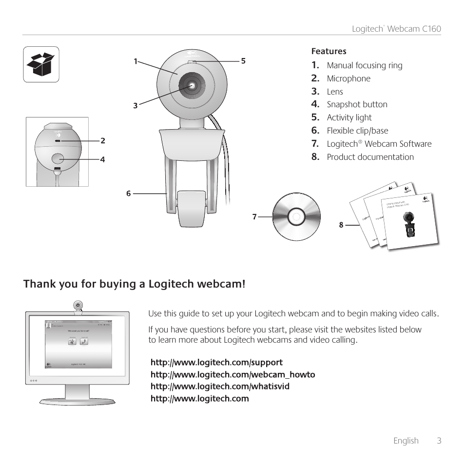 English 3 logitech, Webcam c160, Microphone | Lens, Snapshot button, Activity light, Flexible clip/base, Logitech® webcam software, Product documentation | Logitech C160 User Manual | Page 3 / 116