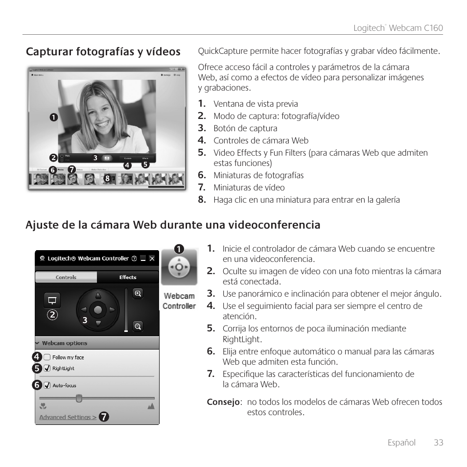 Capturar fotografías y vídeos | Logitech C160 User Manual | Page 33 / 116