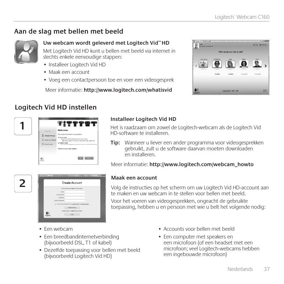 Aan de slag met bellen met beeld, Logitech vid hd instellen | Logitech C160 User Manual | Page 37 / 116