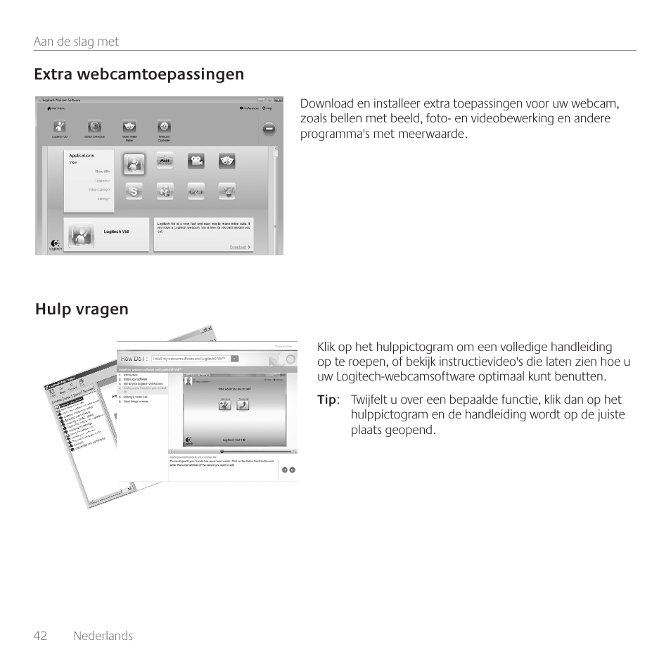 Extra webcamtoepassingen, Hulp vragen | Logitech C160 User Manual | Page 42 / 116