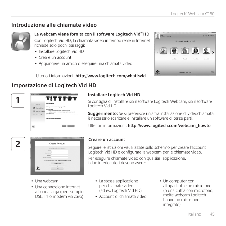 Introduzione alle chiamate video, Impostazione di logitech vid hd | Logitech C160 User Manual | Page 45 / 116