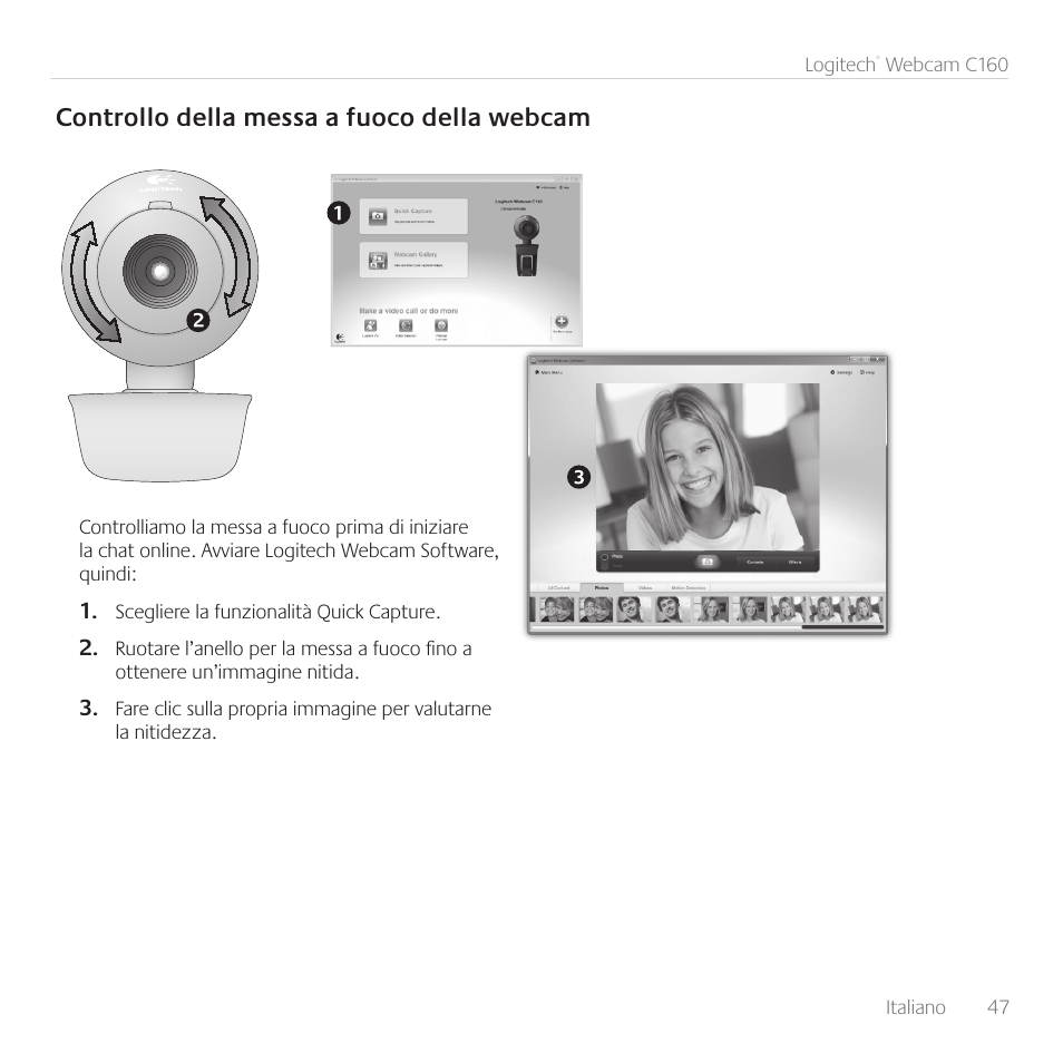 Controllo della messa a fuoco della webcam | Logitech C160 User Manual | Page 47 / 116