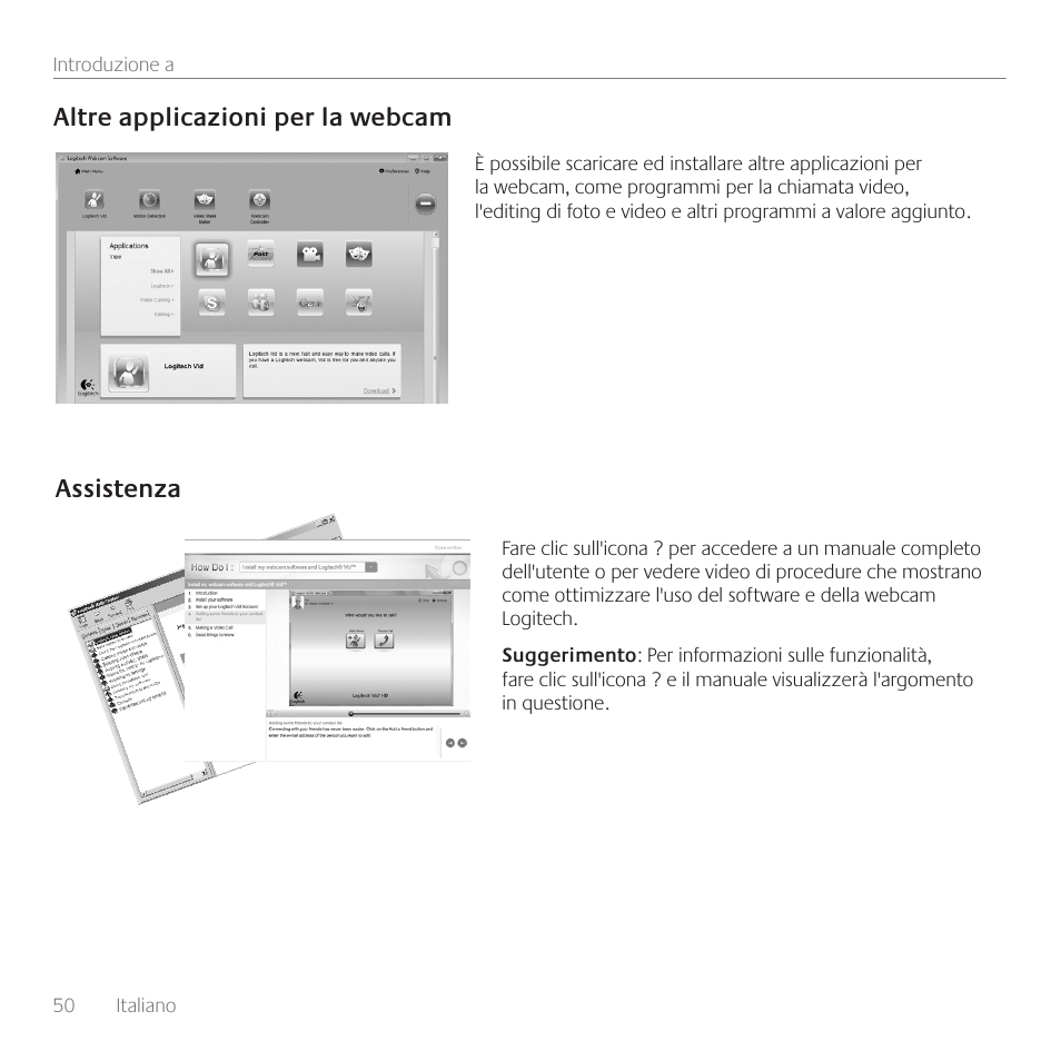 Altre applicazioni per la webcam, Assistenza | Logitech C160 User Manual | Page 50 / 116