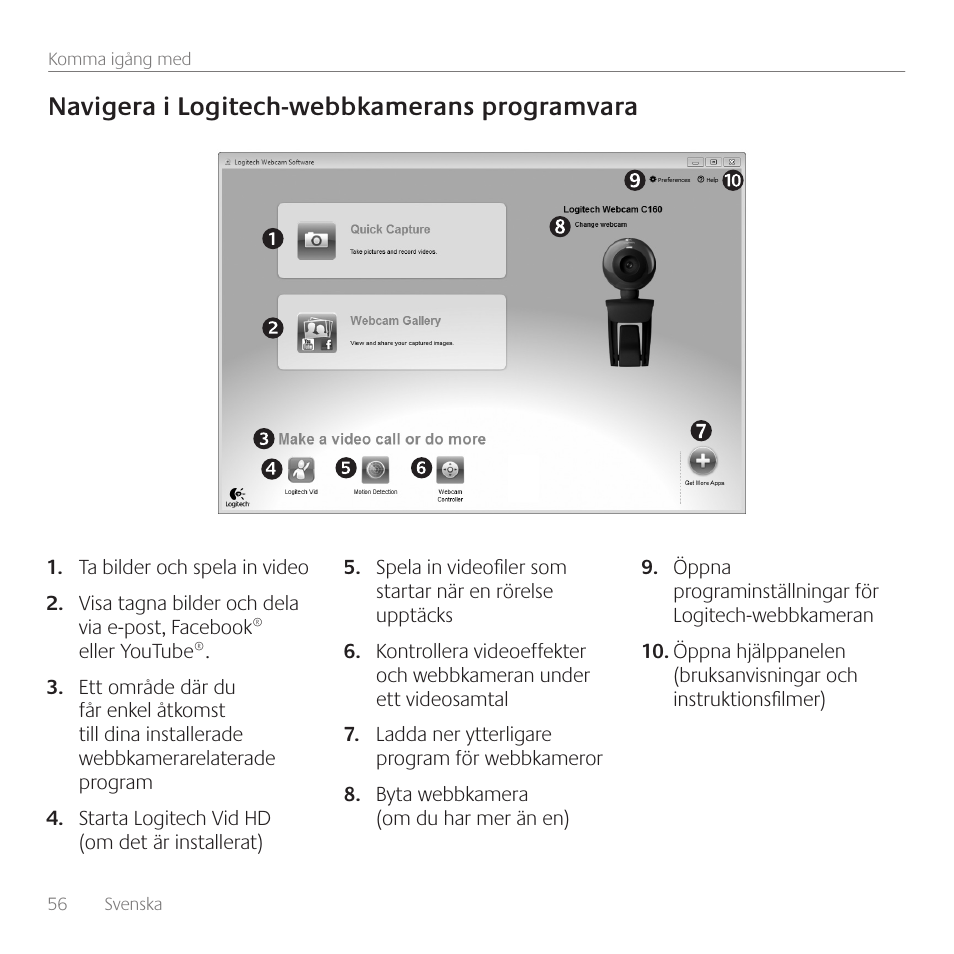 Navigera i logitech-webbkamerans programvara | Logitech C160 User Manual | Page 56 / 116