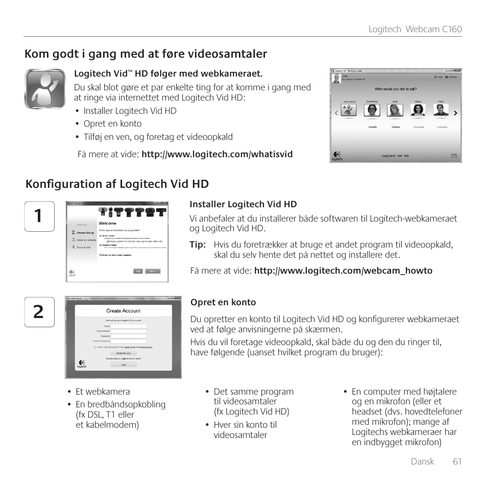 Kom godt i gang med at føre videosamtaler, Konfiguration af logitech vid hd | Logitech C160 User Manual | Page 61 / 116