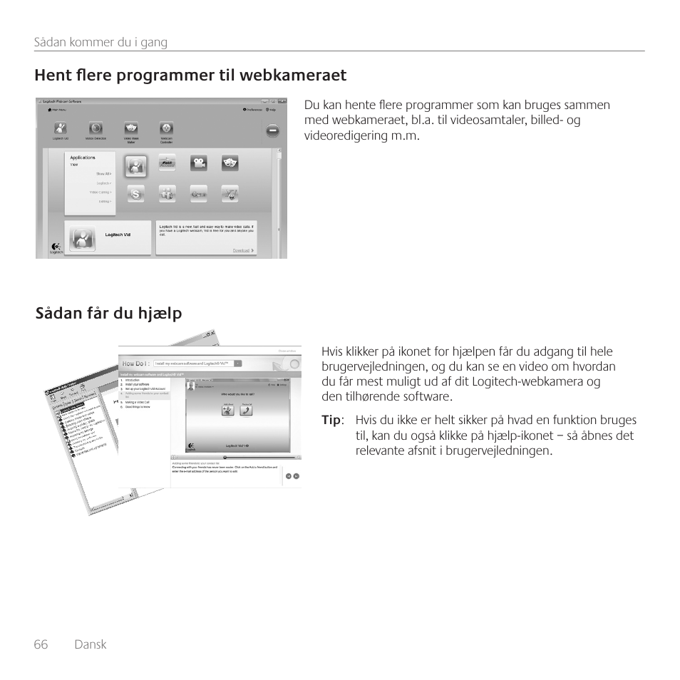 Hent flere programmer til webkameraet, Sådan får du hjælp | Logitech C160 User Manual | Page 66 / 116