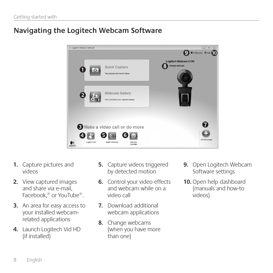 Navigating the logitech webcam software | Logitech C160 User Manual | Page 8 / 116