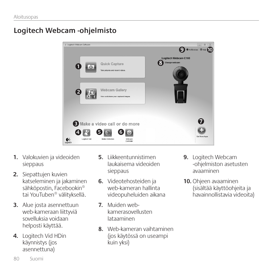 Logitech webcam -ohjelmisto | Logitech C160 User Manual | Page 80 / 116