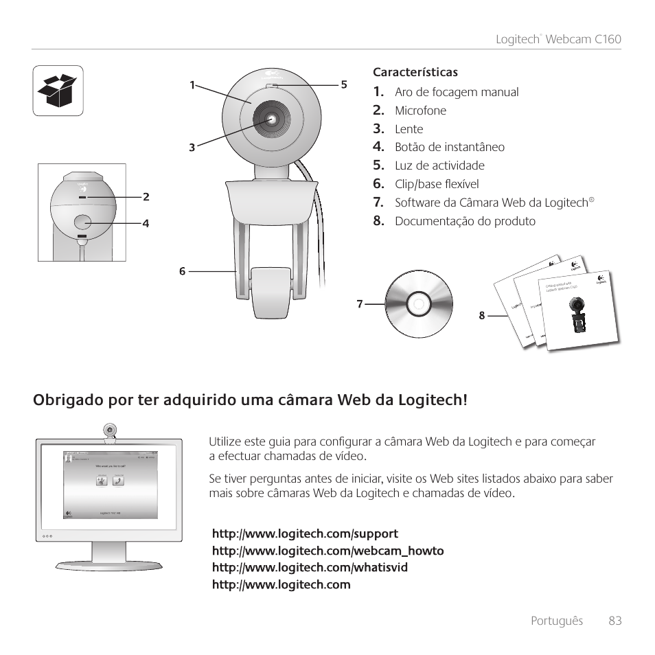 Português 83 logitech, Webcam c160, Microfone | Lente, Botão de instantâneo, Luz de actividade, Clip/base fl exível, Software da câmara web da logitech, Documentação do produto | Logitech C160 User Manual | Page 83 / 116