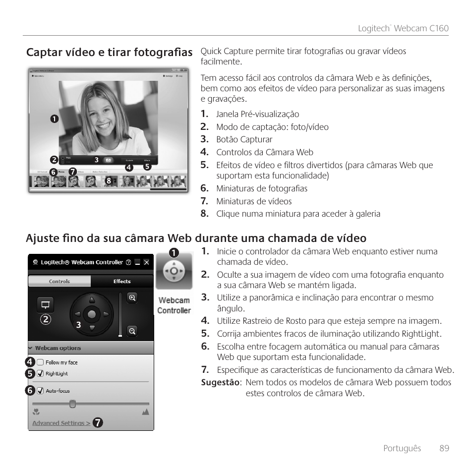 Captar vídeo e tirar fotografias | Logitech C160 User Manual | Page 89 / 116