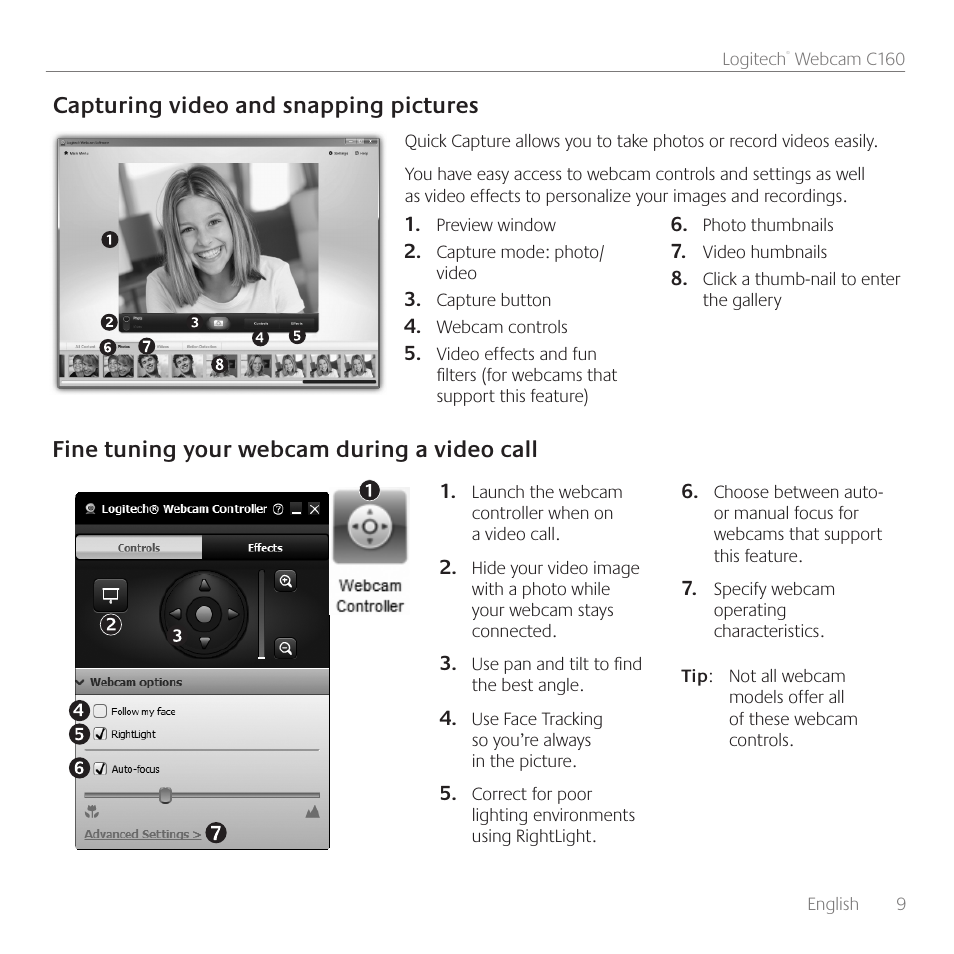 Capturing video and snapping pictures, Fine tuning your webcam during a video call | Logitech C160 User Manual | Page 9 / 116