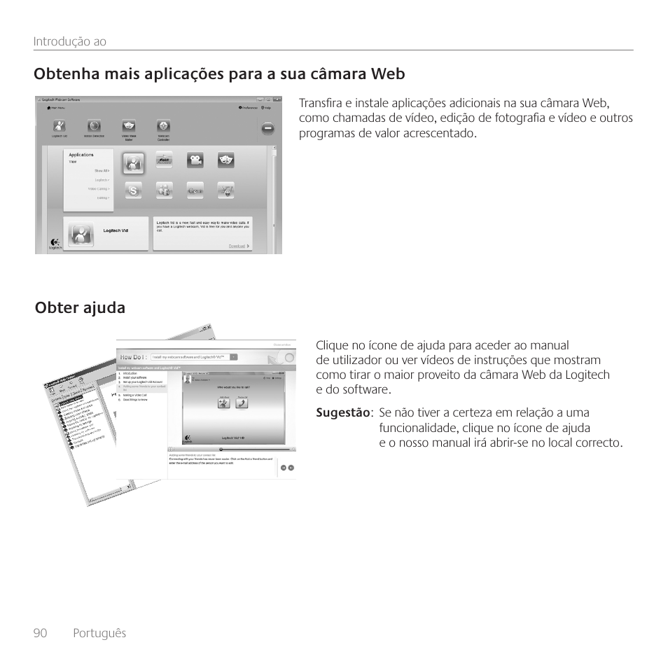 Obtenha mais aplicações para a sua câmara web, Obter ajuda | Logitech C160 User Manual | Page 90 / 116